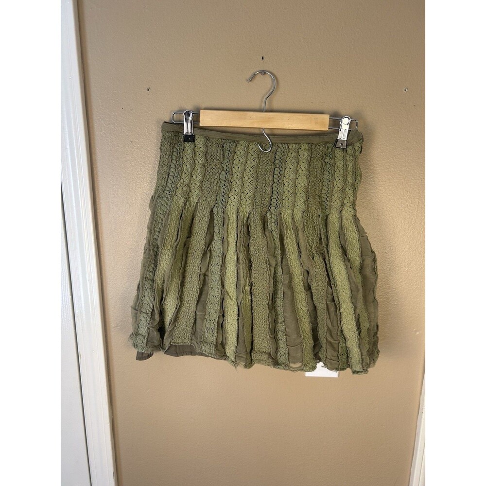 Green Mini Skirt Sz 6 Boho Forest Peasant Fairy Y2K Shredded Crochet Silk Cotton